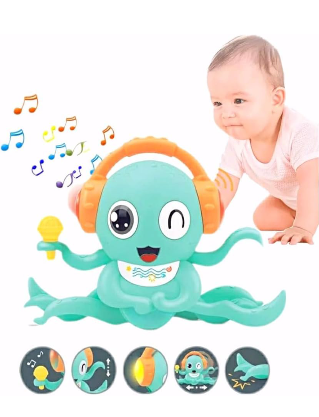 SUPER TOY Baby Crawling Octopus Toy With Music, Led Light Up, Moving Tummy Time Toy For Infant Toddler Boys Girls,Multicolor