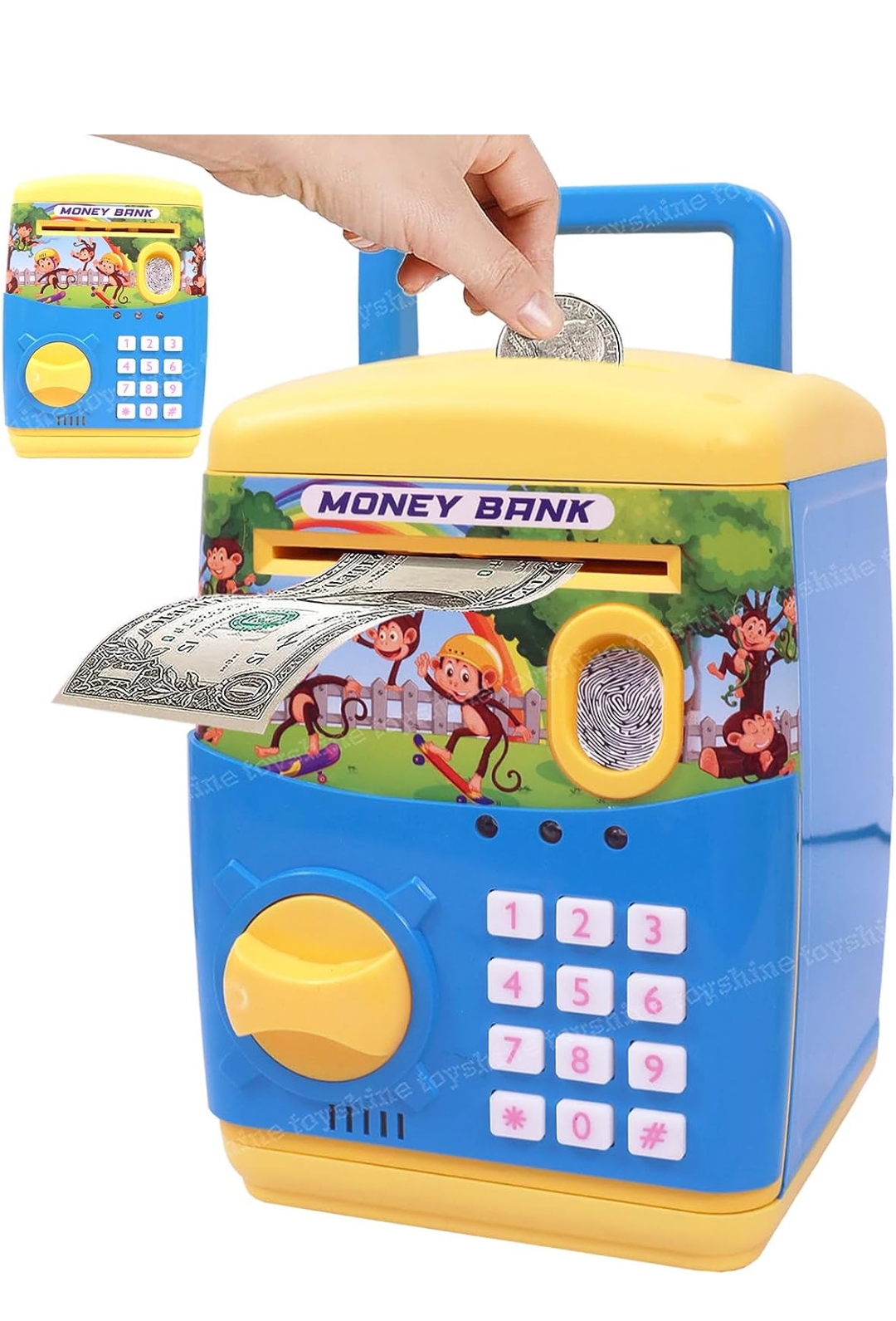 Toyshine Money Safe Kids With Finger Print Sensor Piggy Savings Bank With Electronic Lock, Blue(Modern) with 3 AA size battery