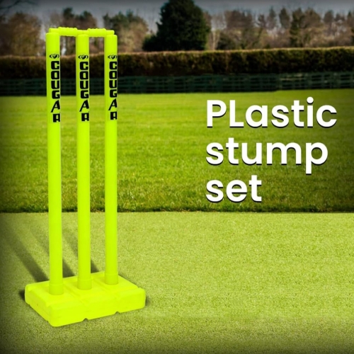 Plastic Cricket Stumps Set - 3 Stumps 2 Bails 1 Stand (Portable Plastic Wicket Set) Cricket Standard Wickets for Cricket Ground, Match, Tournament Stump with Stand &amp; Bails