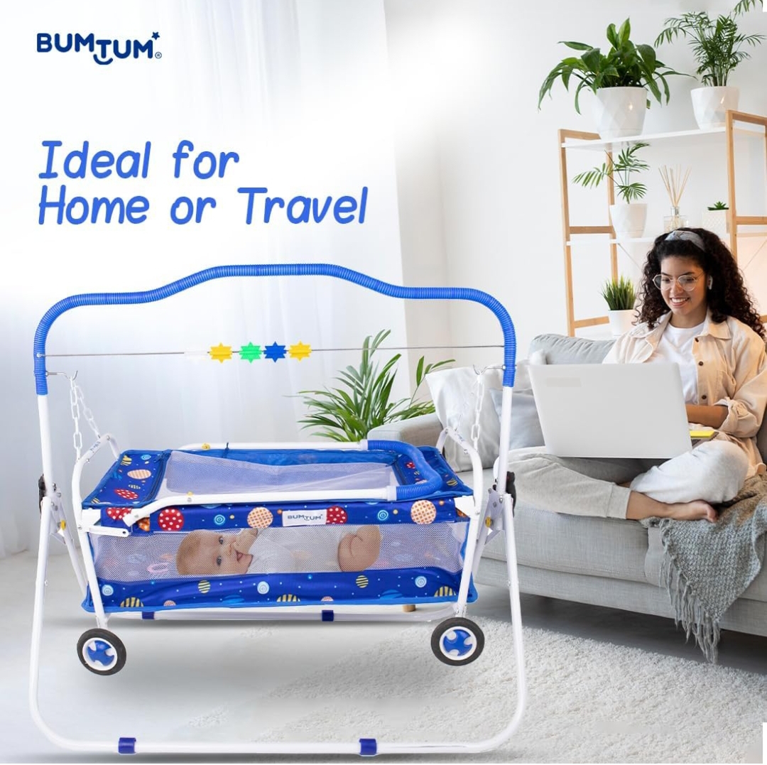 Bumtum Baby Cradle with Swing, Comfortable Sleeping Jhula Palna for New Born Babies | Multi-use Baby Cradle, Push Wheel Cart for Baby (Blue), Stainless_Steel, Adjustable