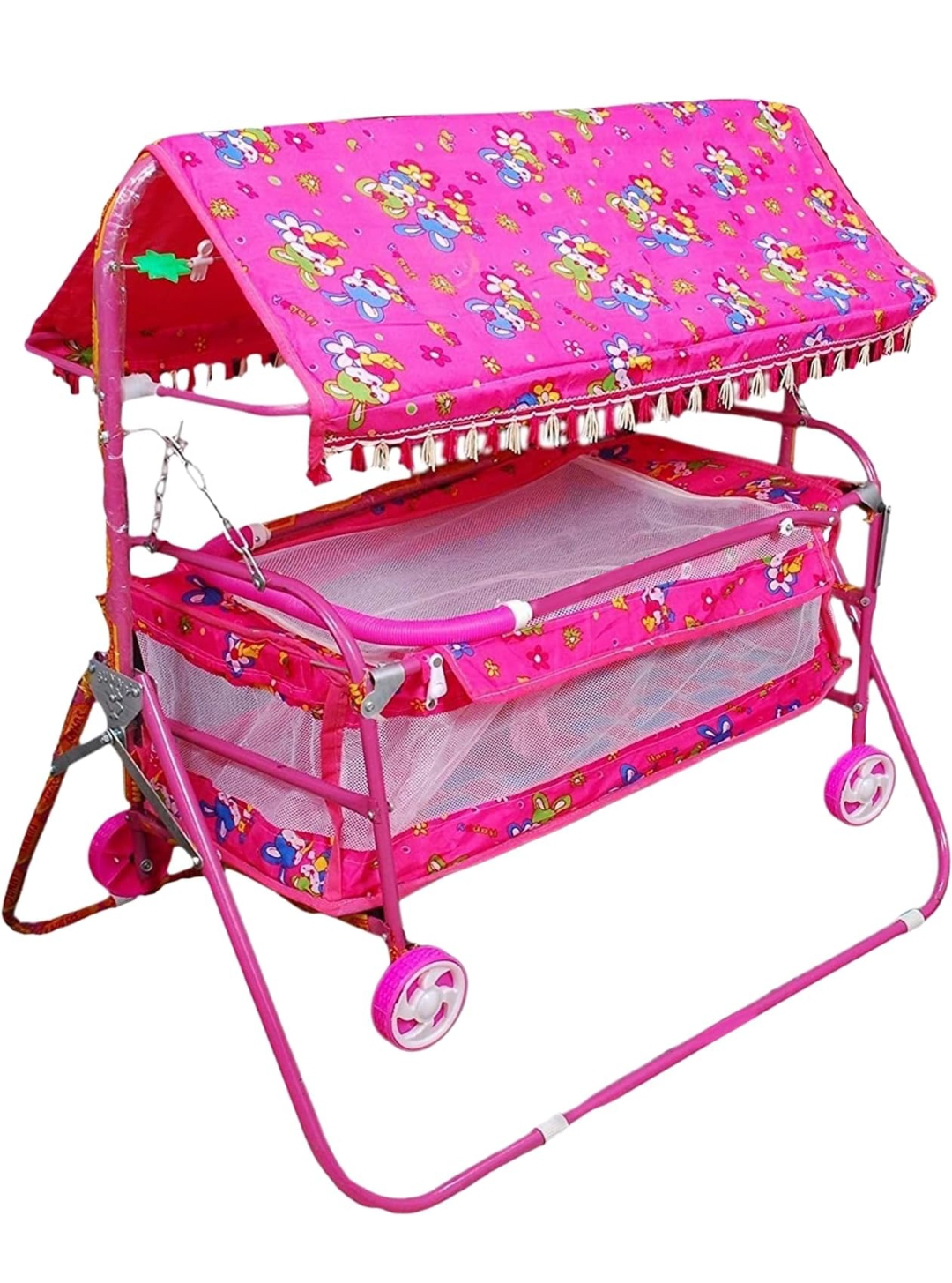 AVANI METROBUZZ Mosquito Net Jhulla Cradle with Swing for New Born Baby 1-2 Years Babies-Newborn Baby Cotton Baby Sleep Swing Cradle-Baby Jhula Jhoola Set with Mosquito Net AM02 (Pink)