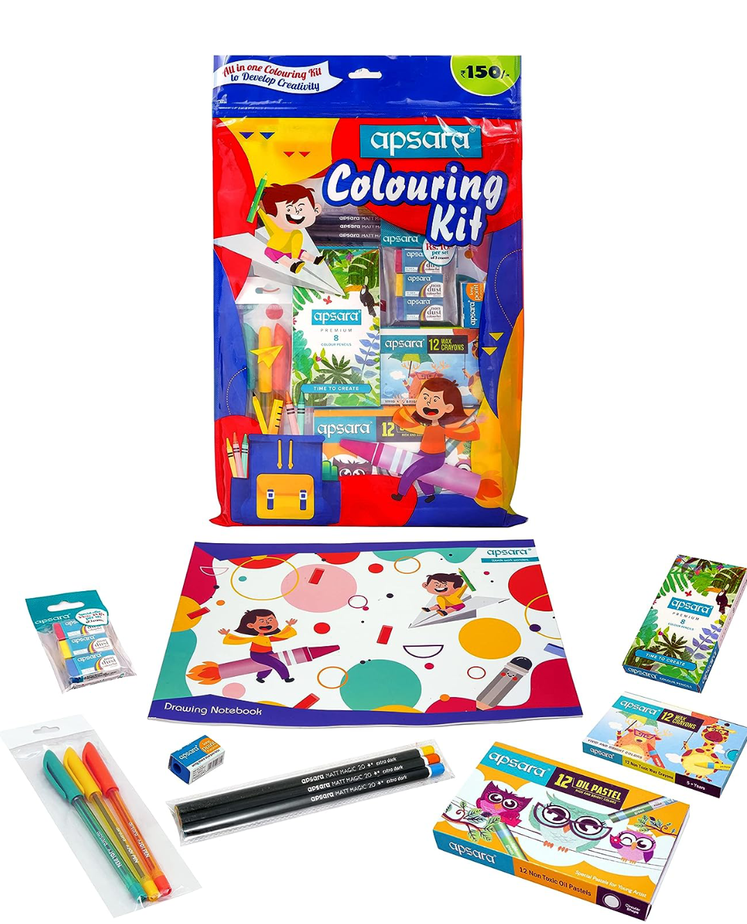 Apsara Colouring Kit | Ideal Gift Pack | Colouring Kit for Children | Kids Gifting Set | Complete Drawing Set | Fun Birthday Gift | Fun Children's Gift | Combo of 8 items