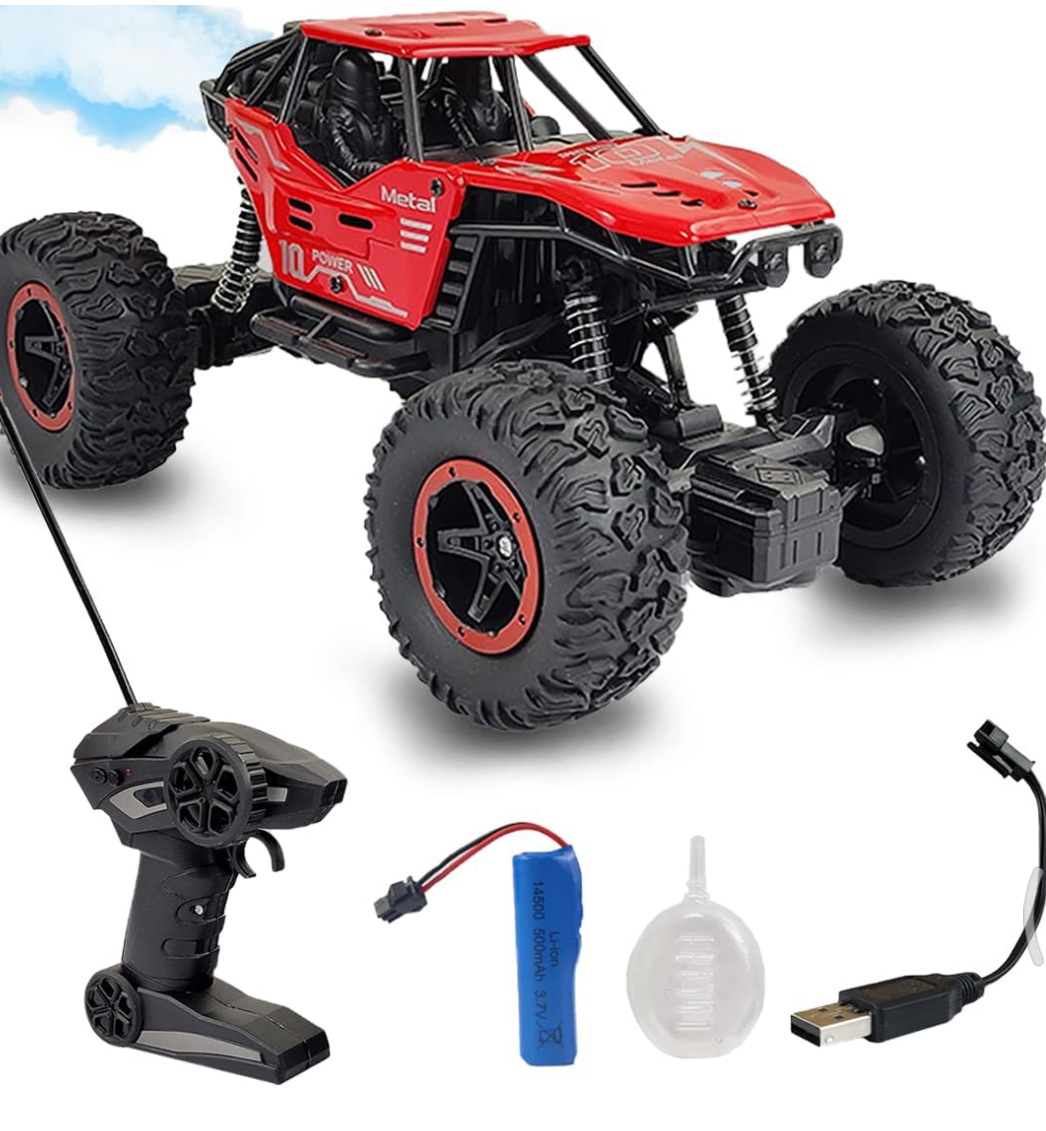Remote Control Monster Truck RC Car | Big Size Off Road 2WD Rock Crawler 45° Climbing Angle Rechargeable Battery Water Mist Spray and High Speed Racing Toy for Boys - Red