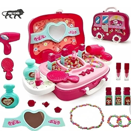 Beauty Make up case and Cosmetic Set Suitcase with Makeup Accessories for Children Girls- Pink, Plastic, Pack of 1 Set (Made in India)(Toys &amp; Games)
