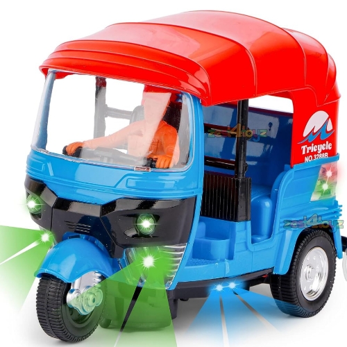Toyz Bump &amp; Go Pull Back Vehicle Toys for Kids Auto Ricksaw Tricycle with Lights &amp; Music Sound Toy - Assorted