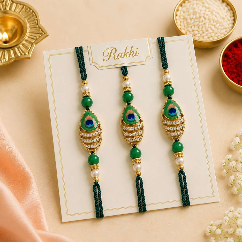 Premium Peacock Design Rakhi Set for Brother | Green &amp; Gold Designer Rakhi | Set of 3